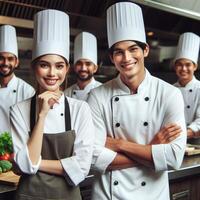 ai gerado masculino chefe de cozinha e fêmea chefe de cozinha trabalhando dentro a restaurante sorridente posando para sessão de fotos