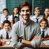 ai gerado bonito masculino professor professor com alunos posando para sessão de fotos