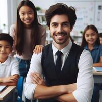 ai gerado bonito masculino professor professor com alunos posando para sessão de fotos