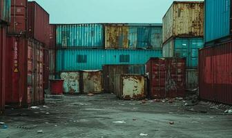 ai gerado carga multicolorido velho containers com corrosão dentro nublado clima foto