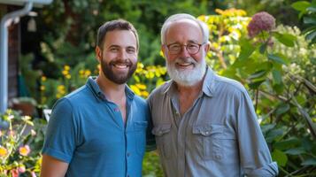 ai gerado uma 30 anos homem e dele 60 anos pai ficar de pé e Veja às a Câmera sorridente dentro uma verão florescendo jardim foto