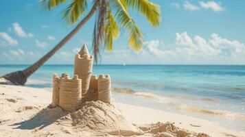 ai gerado uma simples areia castelo em a oceano. uma Palma árvore é visível atrás foto