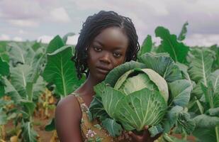 ai gerado africano americano mulher segurando repolho dentro campo do campo foto