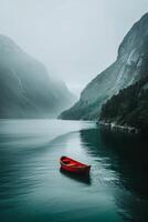 ai gerado uma solitário barco flutua em a mar dentro a fiordes do Noruega foto