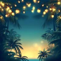 ai gerado tropical noite verão festa propaganda fundo. Palma árvores, luz lâmpada guirlandas, e espaçoso texto área foto