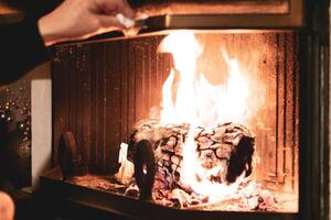 registro do madeira queimando dentro uma lareira dentro uma casa, lareira foto