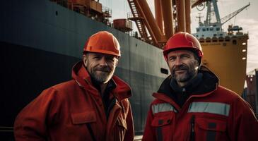 ai gerado homens dentro Difícil chapéus em pé de uma navio foto