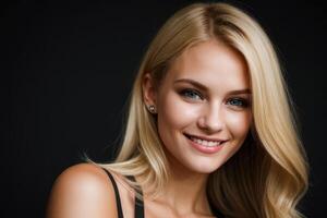 ai gerado retrato lindo Loiras modelo jovem mulher com branco dentes sorriso, saudável grandes cabelo e beleza pele. conceito do publicidade dentista e facial Cuidado. generativo ai foto