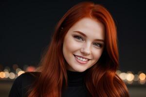 ai gerado retrato lindo ruiva modelo mulher com branco dentes sorriso, saudável grandes cabelo e beleza pele em Sombrio fundo. conceito do publicidade dentista e facial Cuidado. generativo ai foto