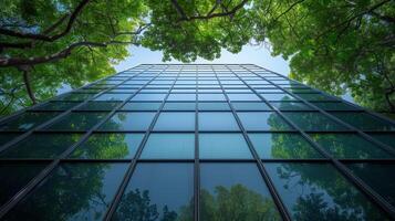 ai gerado construção com uma verde meio Ambiente para reduzir carbono dióxido. corporativo construção para reduzir co2. vidro escritório prédio. foto