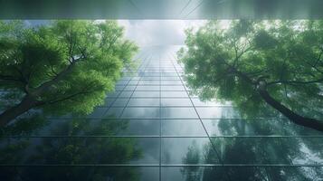 ai gerado à moda verde construção com sustentável vidro para reduzindo calor e carbono dióxido. aberto escritório com verde ambiente. foto