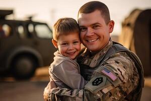 ai gerado feliz reunião do uma soldado com dele criança foto