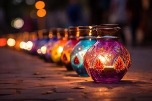 ai gerado feliz diwali - diya óleo lâmpadas aceso durante celebração foto
