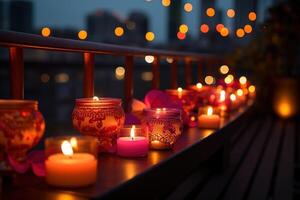 ai gerado sacada com queimando velas e de outros decorações em uma brilhante bokeh fundo foto