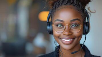 ai gerado a Tiros na Cabeça do uma sorridente africano americano fêmea ligar Centro agente vestindo óculos e vestindo uma fone de ouvido com fones de ouvido é isolado contra uma cinzento estúdio fundo. foto