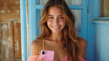 ai gerado jovem feliz latim mulher segurando Móvel telefone olhando às Smartphone fazendo comércio eletrônico compras em célula telefone, usando na moda apps em celular isolado em azul fundo. foto