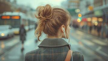 ai gerado isto foto é intencionalmente granulado em vez de que sem grãos Porque a sujeito é uma empresária ouvindo para música com fones de ouvido em dela trajeto. traseiro Visão do jovem mulher em pé dentro a