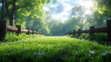 ai gerado a fundo imagem é uma borrado imagem do Primavera natureza com uma ceifada gramado cercado de árvores e azul céu com nuvens. foto