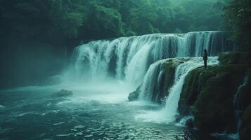 ai gerado uma tranquilo cachoeira, com uma pessoa em pé em uma rochoso afloramento contra uma pano de fundo do em cascata águas e exuberante folhagem foto