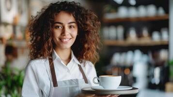 ai gerado amigáveis barista servindo café foto