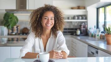 ai gerado uma mulher com encaracolado cabelo bebidas café enquanto sentado às uma branco mesa dentro dela moderno cozinha. foto