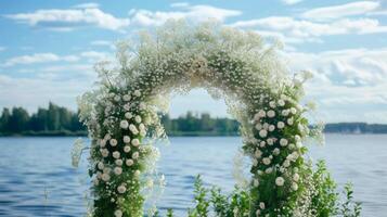 ai gerado lindo Casamento arco do branco flores em pé em a costa do a lago foto