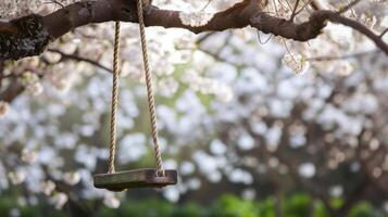 ai gerado corda balanço suspensão em uma ramo do uma ampla cereja Flor árvore foto