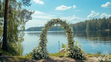 ai gerado lindo Casamento arco do branco flores em pé em a costa do a lago foto