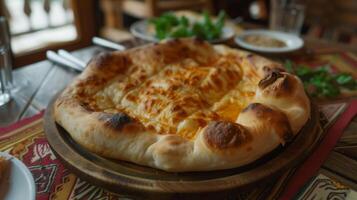 ai gerado delicioso caloroso estilo adjário khachapuri em uma prato dentro uma georgiano restaurante foto