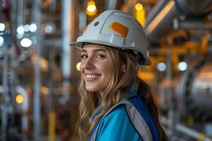 ai gerado retrato do uma fêmea engenheiro alegremente inspecionando a óleo refinaria, vestido dentro uma construção capacete e azul colete. foto