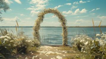 ai gerado lindo Casamento arco do branco flores em pé em a costa do a lago foto