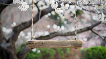 ai gerado corda balanço suspensão em uma ramo do uma ampla cereja Flor árvore foto