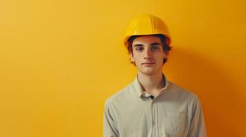 ai gerado uma jovem bonito homem dentro uma amarelo construção capacete. foto