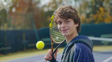 ai gerado uma jovem bonito masculino tênis jogador detém uma tênis raquete e uma amarelo tênis bola dentro dele mãos foto