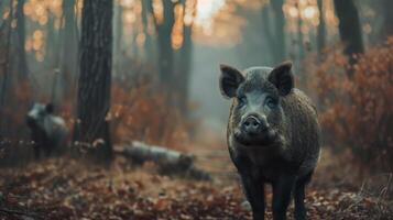 ai gerado selvagem javali carrinhos dentro a floresta e parece às a Câmera ampla copyspace área foto