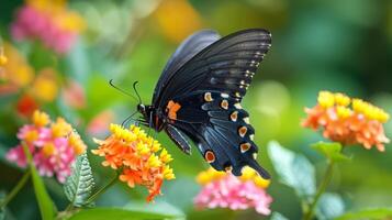 ai gerado a intrincado detalhes do uma de borboleta tromba, delicadamente bebericando néctar a partir de uma flor foto