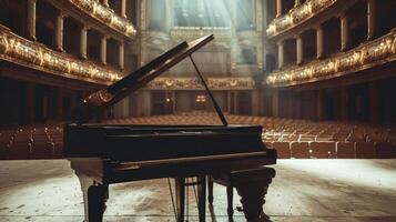 ai gerado uma grande piano dentro a elegante show salão, aguardando a pianista toque para preencher a espaço com melodia foto