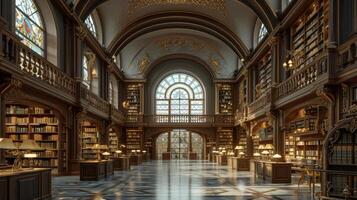 ai gerado uma grande biblioteca com imponente prateleiras, banhado dentro suave luz filtrando através manchado vidro janelas foto