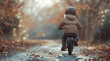 ai gerado uma pequeno uns primeiro bicicleta andar de, uma Marco histórico do independência e aventura foto