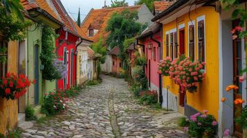 ai gerado uma enrolamento calçada portuguesa rua dentro uma europeu Vila, forrado com colorida casas e florescendo flor caixas foto