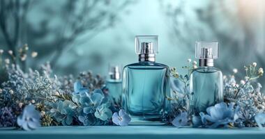 ai gerado catrice perfume garrafas com flores e azul Relva foto