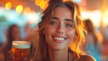 ai gerado a atraente mulher goza uma festival com amigos enquanto bebendo Cerveja foto