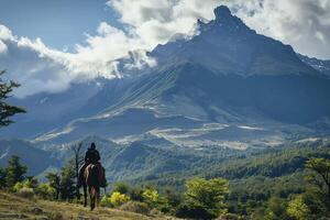 ai gerado hueso equitação cavalo com montanhas dentro fundo foto