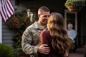 ai gerado feliz americano soldado reunido com família foto