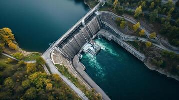 ai gerado aéreo Visão do uma maciço hidroelétrica barragem em uma sereno rio, flanqueado de árvores exibindo outono cores, exibindo renovável energia a infraestrutura. foto