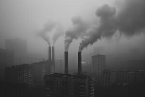 ai gerado uma paisagem urbana envolto dentro névoa e industrial fumaça, com fábrica chaminés liberando emissões para dentro a cedo manhã céu. foto