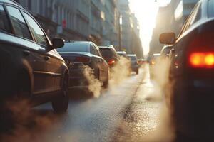 ai gerado uma fila do veículos liberando escape vapores para dentro a ar, destacando problemas do ar poluição e de Meio Ambiente preocupações dentro urbano configurações. foto