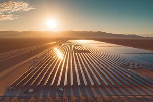 ai gerado a Sol sobe, fundição uma dourado brilho sobre a extenso matriz do solar painéis no meio uma deserto panorama. foto