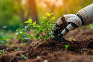 ai gerado meio Ambiente conceito, uma robótico mão cuidadosamente apoia uma jovem plantar, exibindo a interseção do avançado robótica e de Meio Ambiente Cuidado. foto