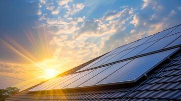 ai gerado solar energia painéis em uma casa cobertura capturar a último raios do a Sol às crepúsculo, simbolizando sustentável poder soluções. foto